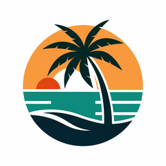 Fototapeta premium Sunset Estate Logo holiday beach with tree palm and home vector illustration