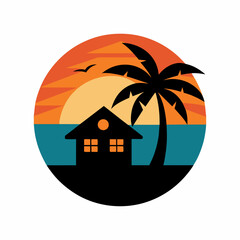 Sunset Estate Logo holiday beach with tree palm and home vector illustration