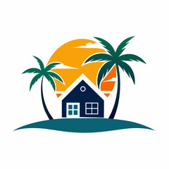 Obraz premium Sunset Estate Logo holiday beach with tree palm and home vector illustration