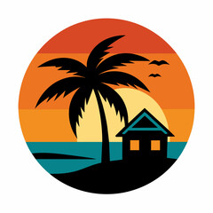 Sunset Estate Logo holiday beach with tree palm and home vector illustration