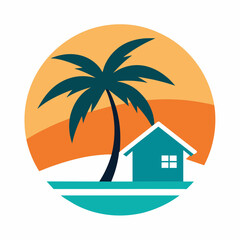 Sunset Estate Logo holiday beach with tree palm and home vector illustration