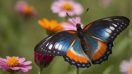 Obraz premium Macro shot of A vibrant butterfly perched on a colorful flower. The wings of the butterfly should be open, displaying their full pattern and color. A blooming meadow with a variety of wildflowers. The
