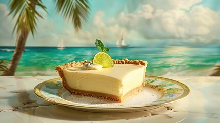 A delectable slice of key lime pie with a buttery graham cracker crust, served on a vintage china plate, against a backdrop of a tropical paradise. copy space for text.