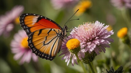Naklejka premium Macro shot of A vibrant butterfly perched on a colorful flower. The wings of the butterfly should be open, displaying their full pattern and color. A blooming meadow with a variety of wildflowers. The