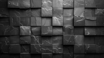 Abstract dark stone tile background with geometric square pattern and marble texture, high contrast black and white design.