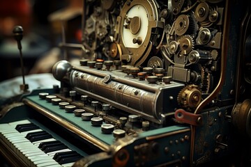 Fototapeta premium Close-up of a vintage manual mechanical calculator with intricate gears, levers, and keys, showcasing the historical and intricate machinery of this antique calculating device from a bygone era