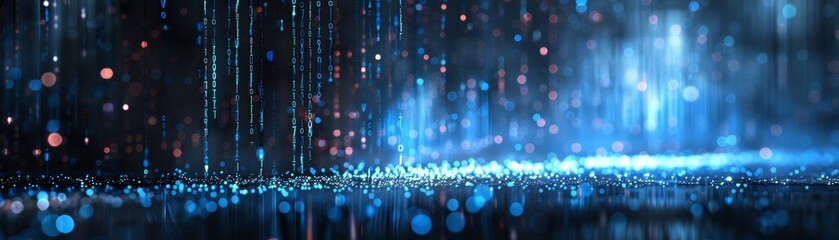 Fototapeta premium Abstract blue light bokeh background. Soft fading lights and vertical lines create a magical, dreamy, and mysterious atmosphere.