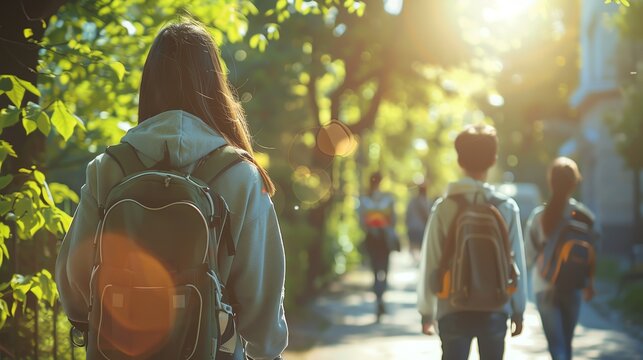 students walking towards a school building, backpacks and books, bright morning, excited expressions, Generated with AI