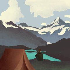 Young man sitting alone surrounding by nature illustration