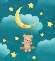 Cute little bear having fun with swing