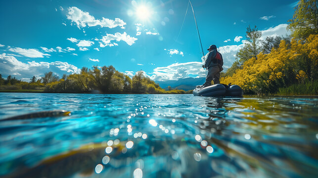 A man fishing on a boat in a lake against the background of a colorful summer landscape with blue sky on a sunny day. Copy space. - Powered by Adobe