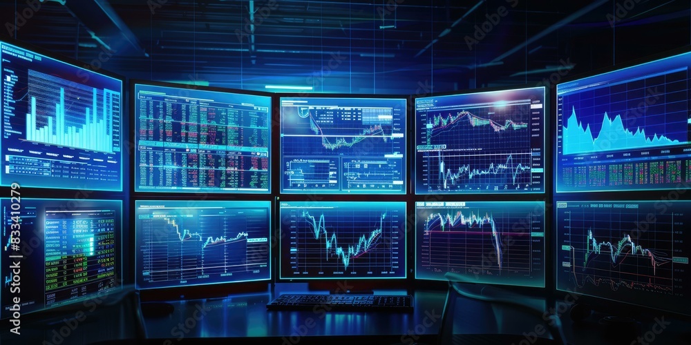 Poster a image of a desk with multiple monitors displaying stock market data