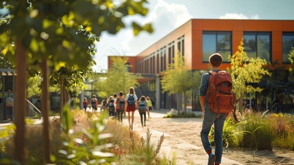 students walking along a school path, backpacks bouncing, school building in background, cheerful mood, Generated with AI