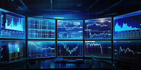 Obraz premium a image of a desk with multiple monitors displaying stock market data