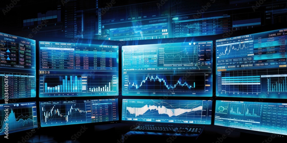 Poster a image of a computer screen with multiple screens showing stock market data