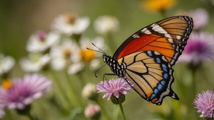 Fototapeta premium Macro shot of A vibrant butterfly perched on a colorful flower. The wings of the butterfly should be open, displaying their full pattern and color. A blooming meadow with a variety of wildflowers. The