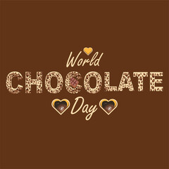 world chocolate day text with chocolate beans on top  two  3d hearts 