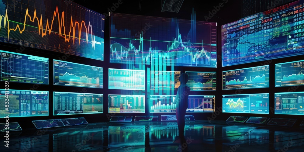 Poster a image of a man standing in front of a wall of monitors