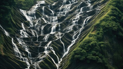 Photograph of a multi-tiered waterfall cascading down a steep mountainside, its streams creating a mesmerizing pattern 