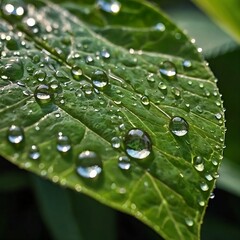 Large beautiful drops of transparent rain water on a green leaf macro. Droplets of water sparkle glare in morning sun . Beautiful leaf texture in nature. Natural background, free space