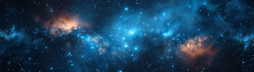 Fototapeta premium Astounding image of the night sky, with nebulae and stars scattered, emitting a mesmerizing blue and orange glow, perfect for space-themed content.