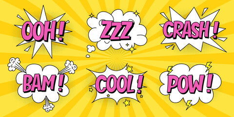 A set of speech bubbles with expressive pink lettering, clouds and explosions in a comic book style on a bright yellow background. Retro banner in pop art style with halftone shadows, doodle elements.
