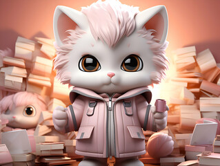 Cute cat in a pink jacket stands among the books. 3D rendering.