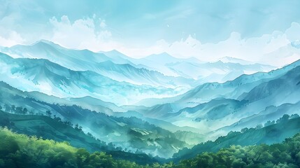 Fototapeta premium Serene Watercolor Landscape of Lush Green Mountains Under Tranquil Blue Sky