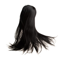 Long straight Wig hair style fly from strong wind. Black woman wig wave hair float in mid air. Straight black curl wig hair wind blow storm. White background isolated high speed freeze motion