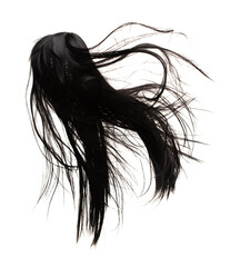 Long straight Wig hair style fly from strong wind. Black woman wig wave hair float in mid air. Straight black curl wig hair wind blow storm. White background isolated high speed freeze motion