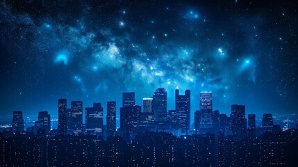 City skyline at night with a starry sky and glowing blue lights illuminating the buildings, creating a modern urban landscape.