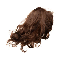 Fototapeta premium Long straight Wig brunette hair style fly from strong wind. Brunette woman wig wave hair float in mid air. Straight brunette curl wig hair wind blow storm. White background isolated