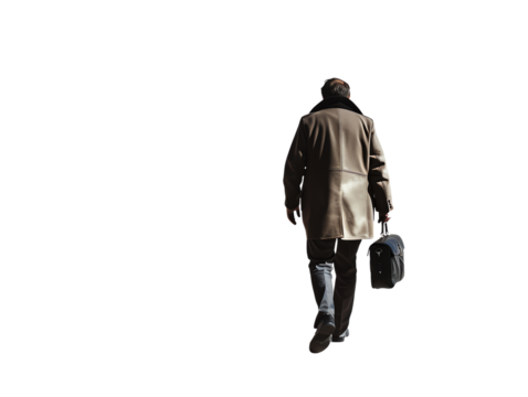 Mysteries man in trench coat walking away carrying a brief case.