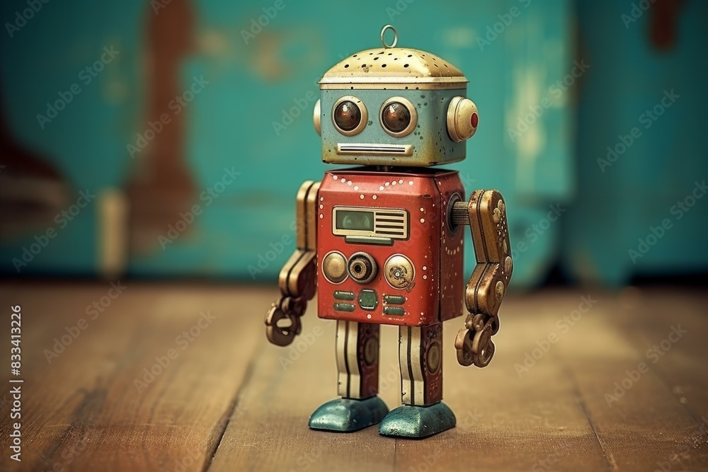 Aufkleber retro-styled toy robot with a rustic backdrop evokes nostalgia