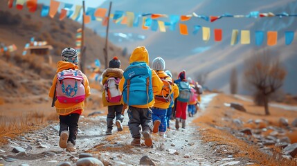 children in colorful Tibetan attire heading to school, prayer flags fluttering, serene mountain landscape, backpacks on, Generated with AI