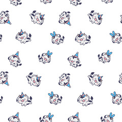 Fototapeta premium Cute kawaii baby cow. Seamless pattern. Cartoon farm animal character in different poses. Hand drawn style. Vector drawing. Design ornaments.