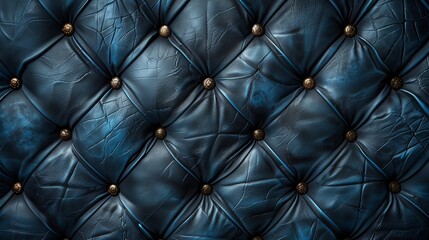 Close-up of luxurious dark blue leather upholstery with button-tufted pattern, showcasing elegant and sophisticated texture.