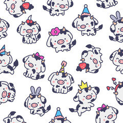 Cute kawaii baby cow. Seamless pattern. Cartoon farm animal character in different poses. Hand drawn style. Vector drawing. Design ornaments.