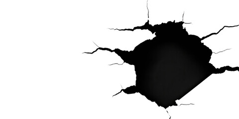Large hole breaking through a white wall, creating a dramatic effect with cracks spreading outward. The black void in the center contrasts sharply with the white wall