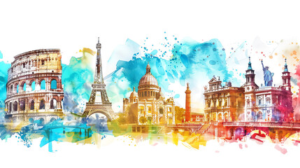 Obraz premium Watercolor painting of famous landmarks around the world.