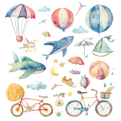 Watercolor illustration of a hot air balloon, airplane, whale, bicycle and other cute things.