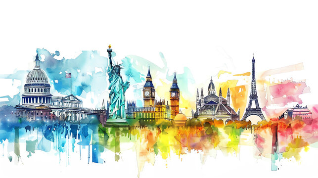 Watercolor painting of famous landmarks around the world