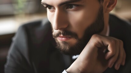 Close-up of a serious young man with a beard, dressed in a suit, deep in thought with a contemplative expression.