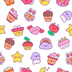 Cartoon cute happy kawaii characters. Seamless pattern. Lifestyle. Hand drawn style. Vector drawing. Design ornaments.