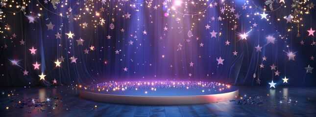 3D rendering of an empty stage with a spotlight and stars