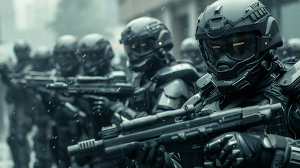 Fototapeta premium A military special force team conducting a covert operation in a dense jungle at dawn. Ai generated