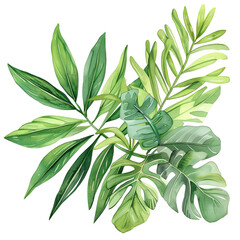 The lush green leaves of a tropical rainforest are a sight to behold. The vibrant colors and textures of the leaves create a stunning visual effect., white isolate background , png file .