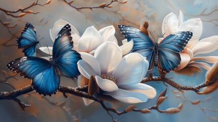 Elegant scene with blue butterflies on white flowers, perfect for nature, beauty themes. Delicate and serene ambiance, ideal for decor.