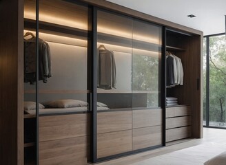 A modern bedroom features a minimalist interior design featuring a wooden wardrobe with glass sliding doors