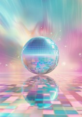 A shiny disco ball reflects vibrant lights with a bokeh effect in the background, on a glossy tiled floor.	